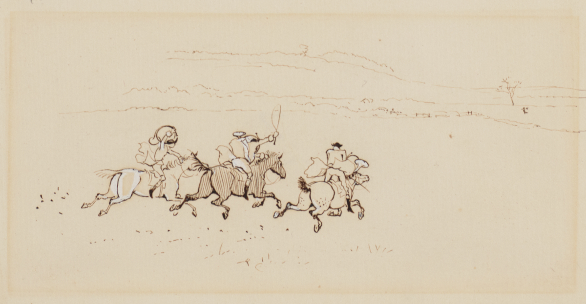 Sketch of The Three Jovial Huntsmen on Horseback Galloping Across a Field